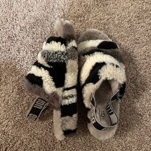 UGG Women's Plush Slippers - Black, Cream, and Gray - worn twice